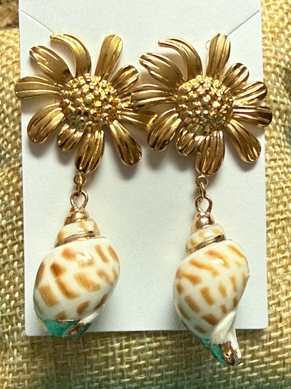 Gold Daisy Drop Earrings with Natural Shell Accents